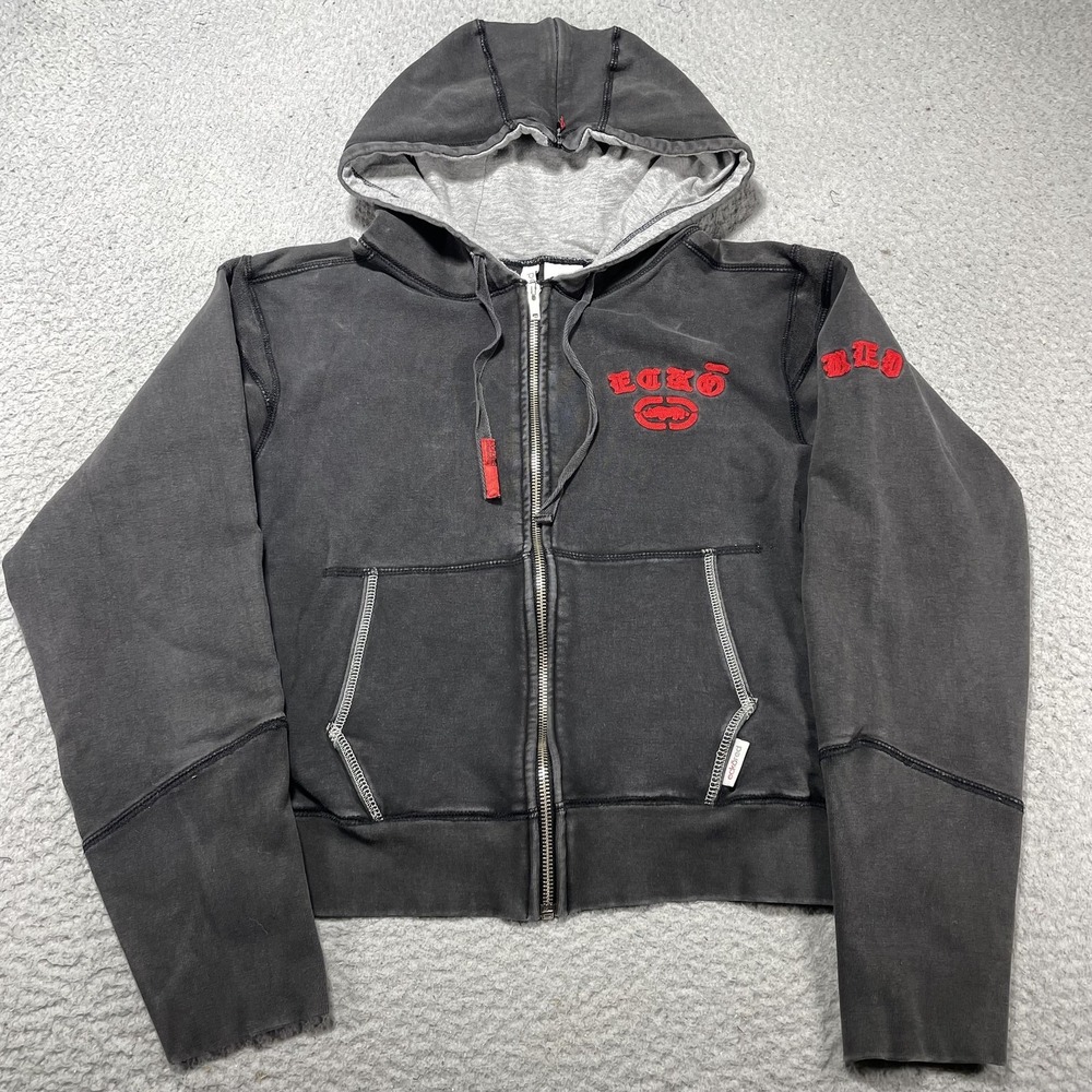 Ecko Red Hoodie‎ Womens Medium Gray Full Zip Embroidered Logo Stretch Knit Y2K